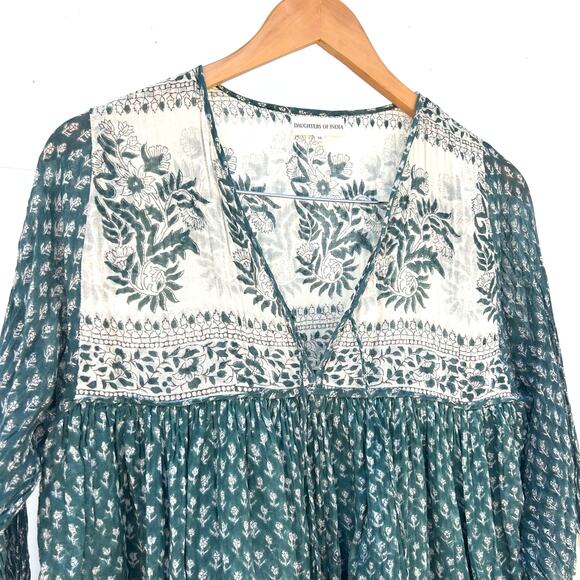 Daughters Of India Rooh Mini Dress Pine Long Sleeve Turquoise Medium Cotton - Picture 8 of 11